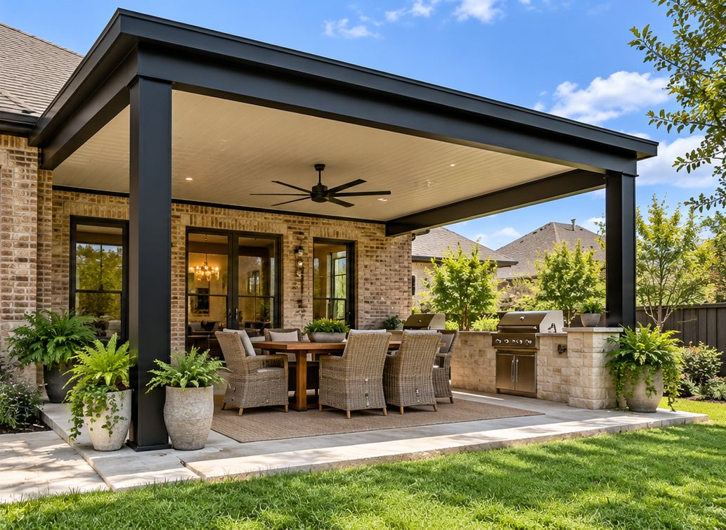 Insulated patio cover with dark posts, ceiling fan and recessed lights over a dining area and outdoor kitchen