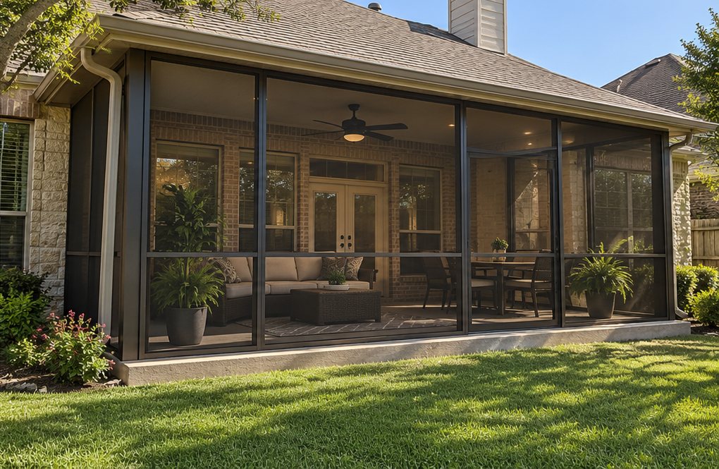 Covered back patio fully screened in with dark bronze frames, sofa and ceiling fan