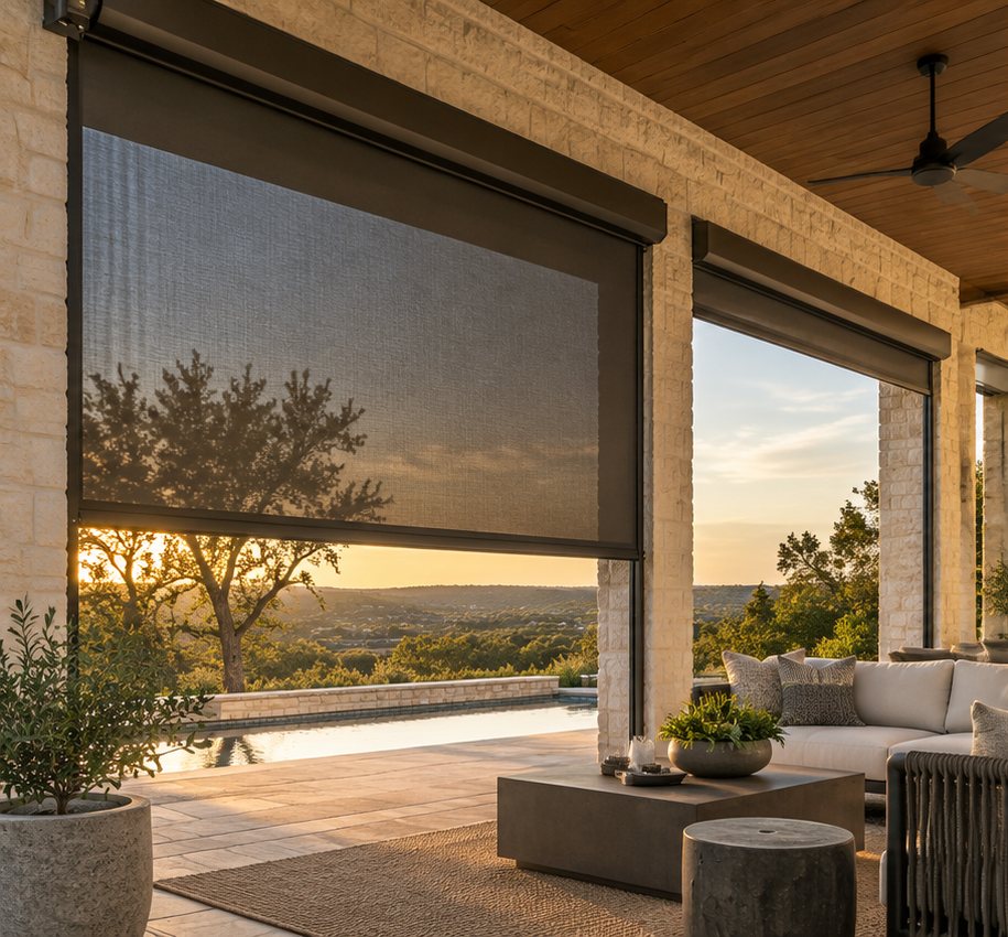 Motorized outdoor roller shades lowered on a limestone covered patio overlooking the Hill Country at sunset